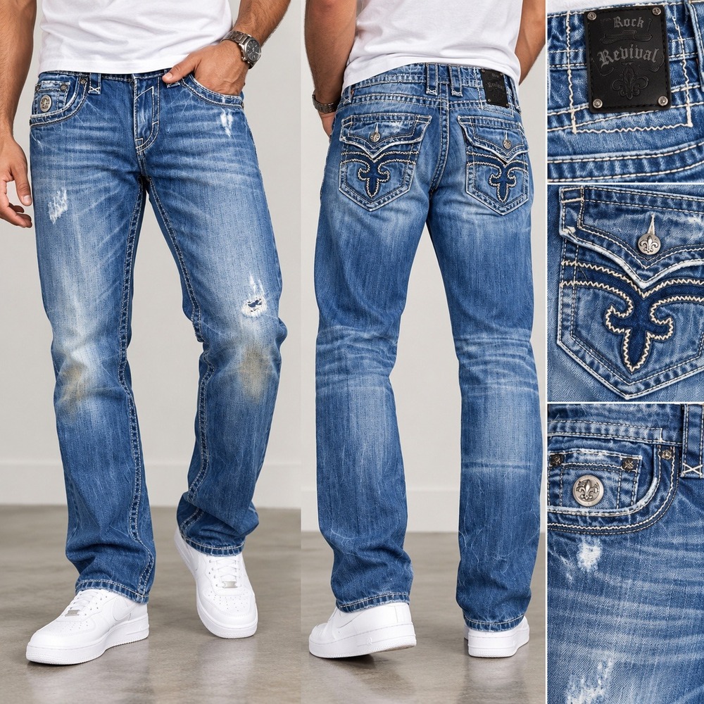Rock Revival Mens Straight Leg Jeans Blue Distressed Flap Pocket 30x32